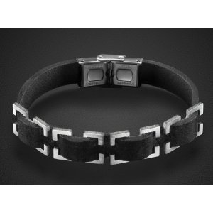 Adi Sidler, Man's Black Leather Bracelet with Stainless Steel Open Buckle Design