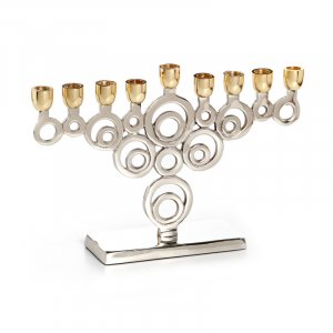 Nickel Plated Chanukah Menorah with Gold Cups, Circle Design – 7" Height