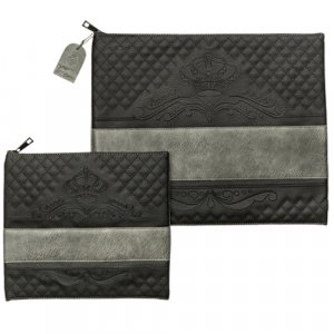 Black and Gray Faux Leather Tallit and Tefillin Bag Set with Crown