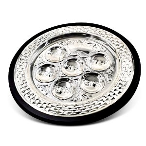 Circular Silver Plated Seder Plate with Brown Wood Base - Diamond Design Rim