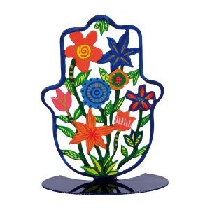 Yair Emanuel Small Hand Painted Hamsa on Stand  Colorful Flowers