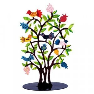 Yair Emanuel Hand Painted Standing Sculpture - Brown Tree, Pomegranates & Birds