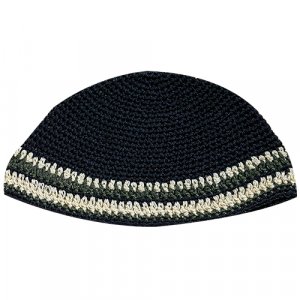 Hand Made Black Frik Kippah with Off White and Olive Green Border Stripes