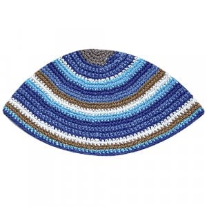 Hand Made Frik Kippah with Blue, Beige and Gray Stripes