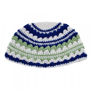 Frik Kippah – Thick Weave of Crocheted White, Blue and Green Horizontal Stripes