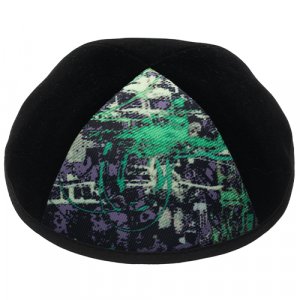 Black Velvet Kippah with Green-Purple Design Panel
