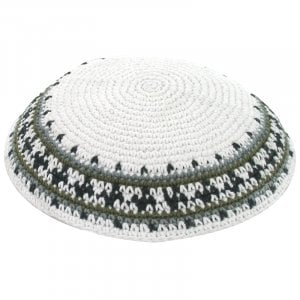 White Knitted Kippah with Green and Gray Border Design