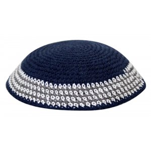 Blue Knitted Kippah with Gray and White Border
