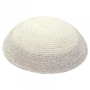 White Knitted Kippah with Wide Light Gray Border