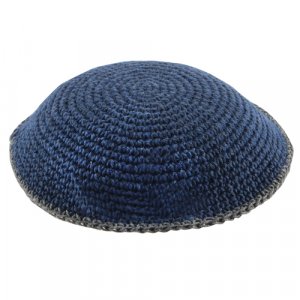Blue Knitted Kippah with Gray Border