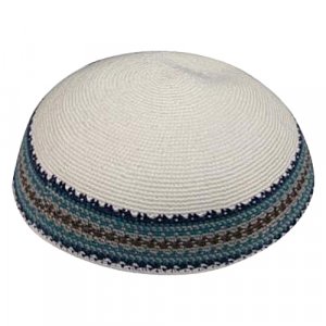 White DMC Knitted Kippah with Blue and Gray Border Stripes