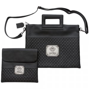 Faux Leather Tallit and Tefillin Bag Set with Plaque, Shoulder Strap  Black