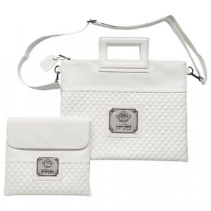 Faux Leather Tallit and Tefillin Bag Set, Crown Motif and Shoulder Strap  White