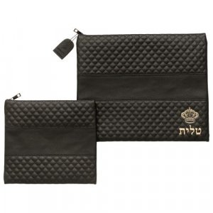 Faux Leather Tallit and Tefillin Bag Set, Gold Crown Design - Black