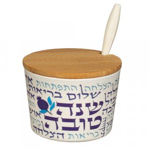 Rosh Hashanah Bamboo Honey Dish with Lid and Spoon, Blessing Words - Blue