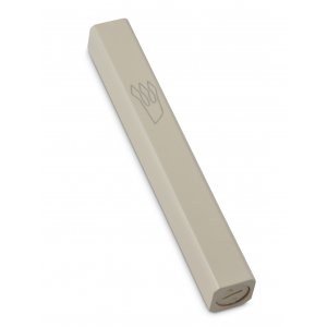 Cream Colored Wood Mezuzah Case with Silver Shin Outline