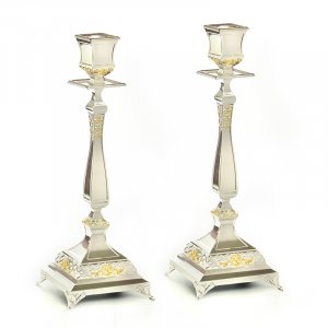 Tall Shabbat Candlesticks, Silver Plated with Gold Elements - 14.1"