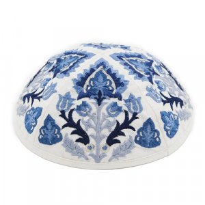 Yair Emanuel Cotton Poly Kippah with Embroidered Oriental Nature Design – Blue
