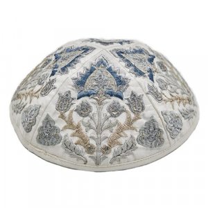 Yair Emanuel Cotton Poly Kippah with Embroidered Oriental Nature Motif – Silver