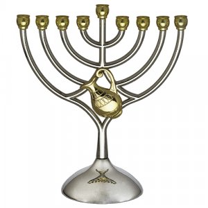 Silver and Gold Chanukah Menorah, Curved Branches with Small Jug Decoration - 7"