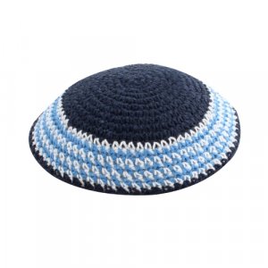 Blue Knitted Kippah with Light Blue and White Border
