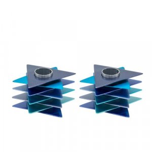Yair Emanuel Shabbat Candlesticks, Stacked Triangle Stars of David – Blue
