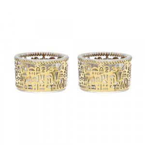 Yair Emanuel Small Candlesticks, Brass and Glass � Cutout Jerusalem Design