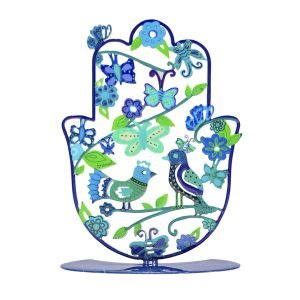 Yair Emanuel Hamsa Sculpture on Stand, Blue Birds on Pastoral Scene – Small