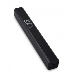 Black Colored Wood Mezuzah Case with Silver Shin Outline