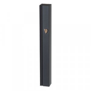 Black Aluminum Mezuzah Case with Side Channel, Gold Shin - Choice of Sizes