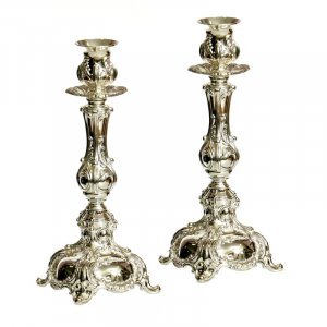 Silver Plated Raised Shabbat Candlesticks, Classic Design - Height 11"
