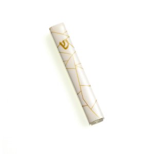 Mezuzah Case, Gold Geometric Lines on White, Gold Shin  for 12 cm & 15 cm Scroll