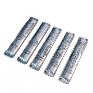Set of Five Small Nickel Mezuzah Cases with Decorative Judaic Motifs - 4" Length