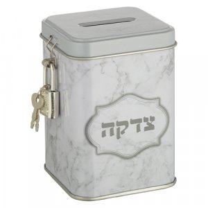 Low Cost Metal Charity Box with Lock and Key � Gray Marble Design