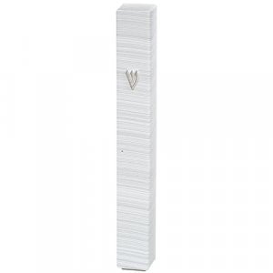 White Plastic Mezuzah Case with Fine Silver Stripes, Silver Shin – Various Sizes