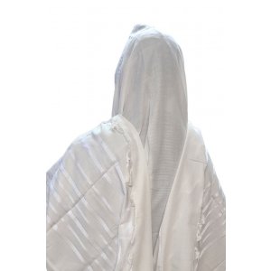 Acrylic Non-Slip Tallit, Textured Checkerboard Weave – White and Silver Stripes