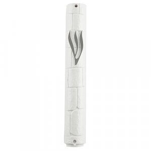 White Plastic Mezuzah Case with Western Wall Image – Silver Shin