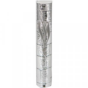 Silver Color Plastic Mezuzah Case with Western Wall Design and Silver Shin
