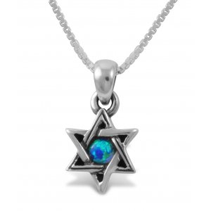 Star of David with Small Cultured Opal, 925 Sterling Silver Pendant Necklace