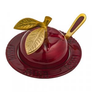 Colorful Apple Shaped Honey Dish with Lid and Spoon and Matching Plate