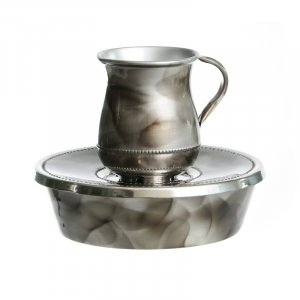 Mayim Achronim 3 Piece Set, Jug, Bowl and Lid in Black and Gray Marble Shades