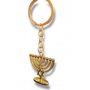 Gold Key Chain with Chanukah Menorah and Star of David on Chain