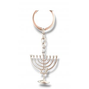 Key Chain with Hanging Chanukah Menorah and Star of David, Wheat Stalk - Silver