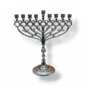 Nickel Chanukah Menorah with Pomegranate and Leaf Design, For Candles - 10 Inch