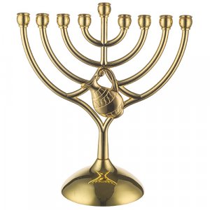 Gleaming Gold Chanukah Menorah, Curved Branches with Attached Small Jug - 7"