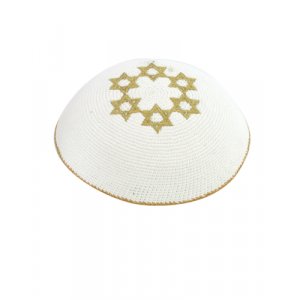 White Knitted Kippah with Embroidered Gold Stars of David