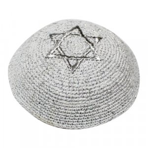 Silver Knitted Kippah with Embroidered Silver Star of David
