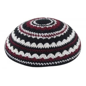 Knitted Kippah with Black, White and Maroon Stripes