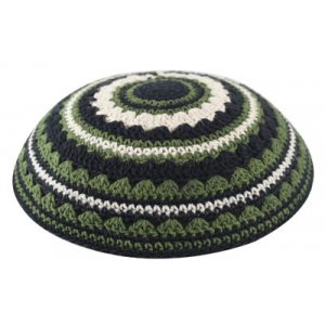 Knitted Kippah with Black, Green and Beige Stripes