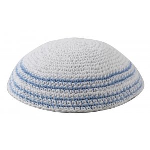 White Knitted Kippah with Light Blue Stripes Around the Edge - Choice of Sizes